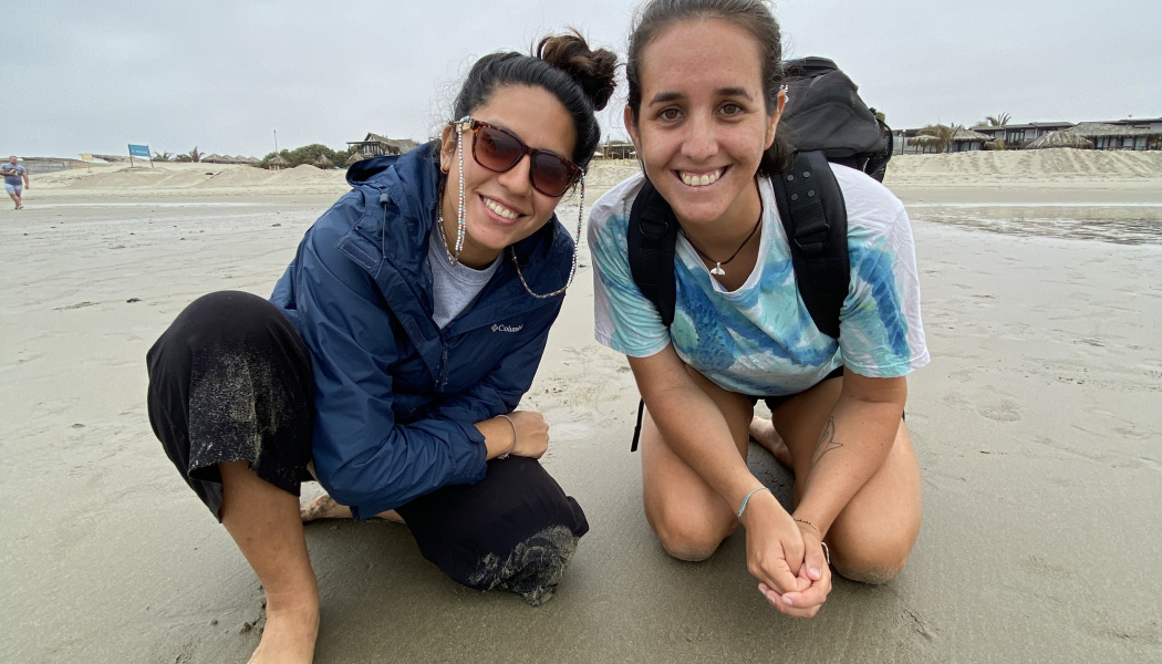 dos mujeres liberando una tortuga en la arena durante el proceso de anidación de tortugas